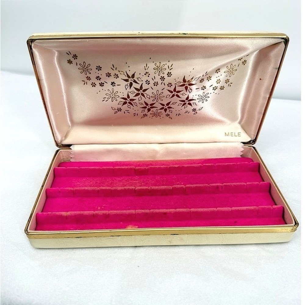Mele Jewelry Box Travel Hard Clamshell Case Cream Faux Leather VTG Storage